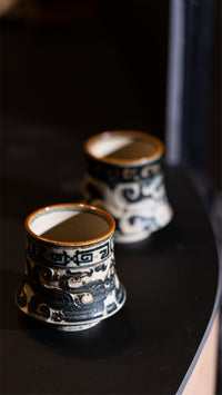 Oriental Aesthetics shiciji Carved loong and Phoenix Pattern Blue and White Porcelain Handmade Coffee Gyro Cup Jingdezhen Handmade Underglaze Color 245ml