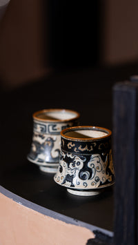 Oriental Aesthetics shiciji Carved loong and Phoenix Pattern Blue and White Porcelain Handmade Coffee Gyro Cup Jingdezhen Handmade Underglaze Color 245ml
