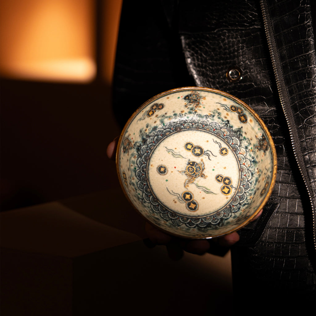 Abundant every year: Traditional fish algae copper coin pattern dinner plate Underglaze blue and white porcelain + ancient color + gold painting Shiciji Jingdezhen handmade pot