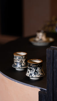 Oriental Aesthetics shiciji Carved loong and Phoenix Pattern Blue and White Porcelain Handmade Coffee Gyro Cup Jingdezhen Handmade Underglaze Color 245ml