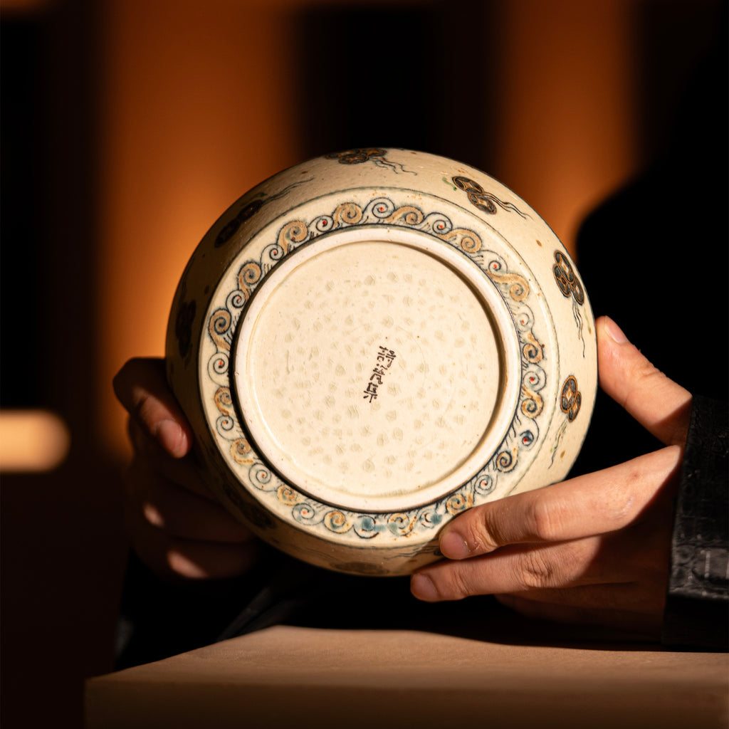 Abundant every year: Traditional fish algae copper coin pattern dinner plate Underglaze blue and white porcelain + ancient color + gold painting Shiciji Jingdezhen handmade pot