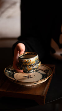 Black and gold peony Dun Dun cup, medieval blue and white porcelain coffee cup, 230ml Jingdezhen handmade