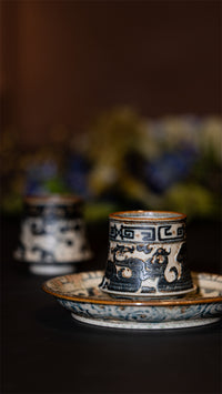 Oriental Aesthetics shiciji Carved loong and Phoenix Pattern Blue and White Porcelain Handmade Coffee Gyro Cup Jingdezhen Handmade Underglaze Color 245ml
