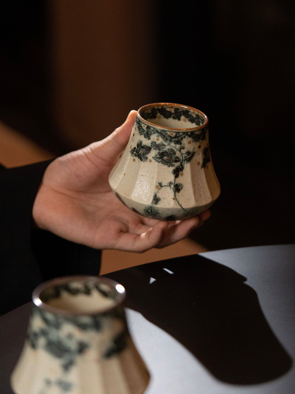 Pomegranate Blossom Carved Volcano Cup 270ml Medieval Style Handmade Blue and White Porcelain Coffee Cup & Tea Cup