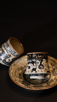 Oriental Aesthetics shiciji Carved loong and Phoenix Pattern Blue and White Porcelain Handmade Coffee Gyro Cup Jingdezhen Handmade Underglaze Color 245ml