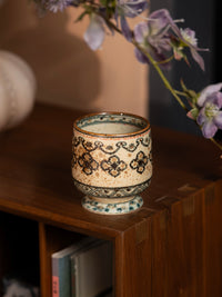 shiciji Dunhuang color system Chocolate rim Persimmon calyx Ruyi pattern High-foot cup 220ml Jingdezhen handmade blue and white porcelain coffee cup